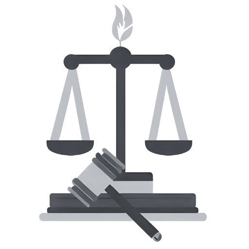 Ilustración de balanza de justicia con mazo de juez, símbolo de asesoría fiscal.