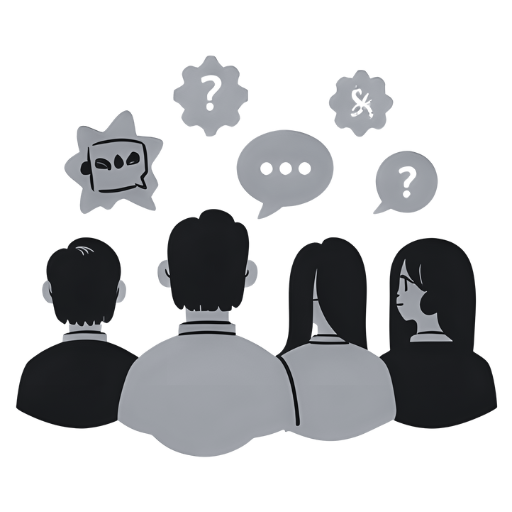 Grupo de cuatro personas de espaldas con iconos de diálogo y dudas sobre sus cabezas, representando la gestión de personal.